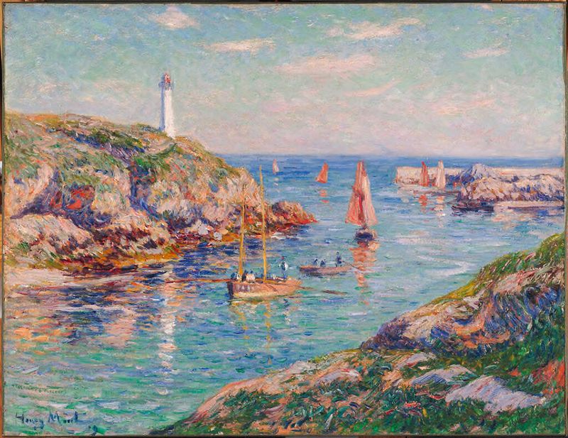 Oil painting by Henry Moret depicting a vibrant harbor scene with boats and swirling water.