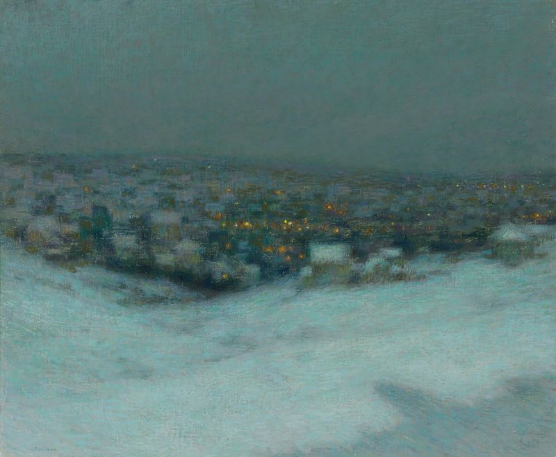 Snow-covered landscape illuminated by moonlight, oil on canvas by Henri Le Sidaner