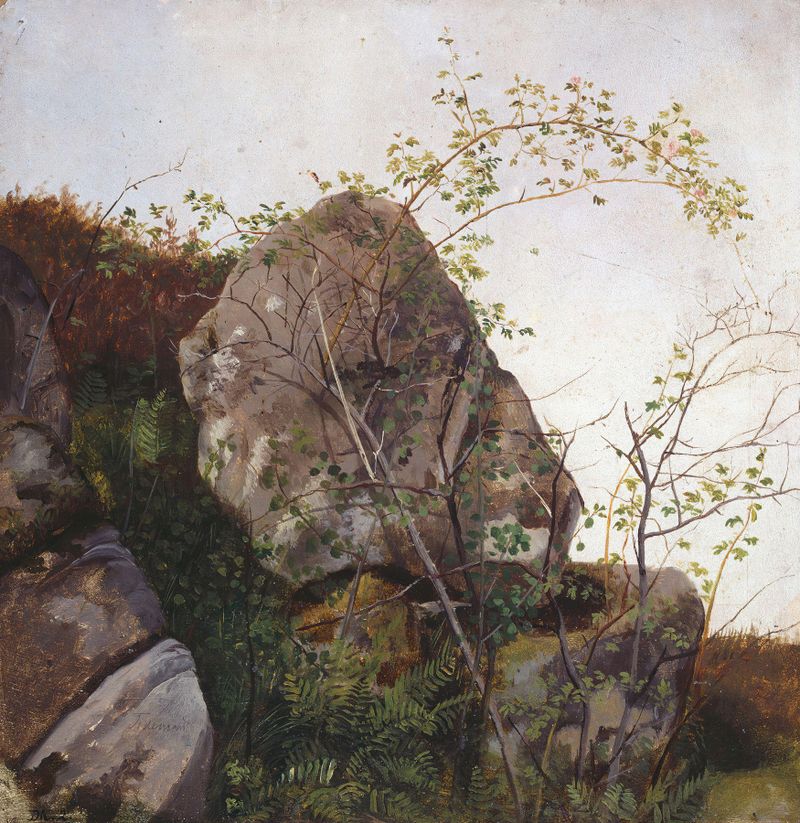 Study of Dog Roses and Ferns de Adolph Tidemand, que representa rosas perrunas y helechos en un medio desconocido.