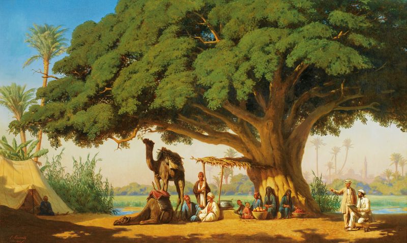 Escena de género que muestra a artistas dibujando un campamento árabe en El Cairo, óleo de Émile Vernet-Lecomte.