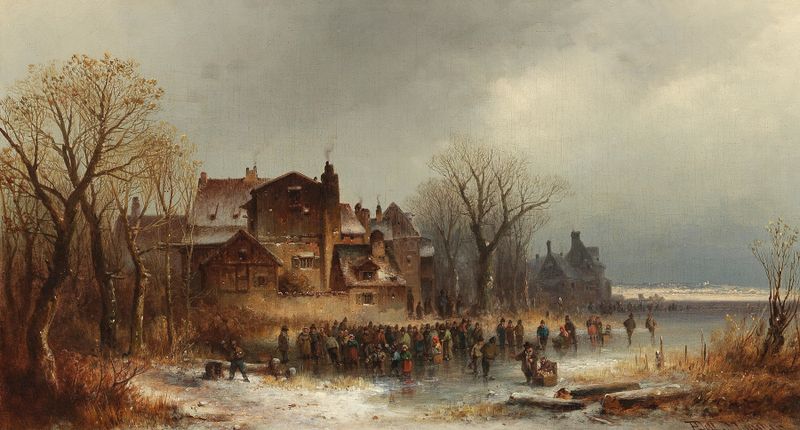 Winter Pleasures de Anton Doll, pintura al óleo que muestra un paisaje invernal con tonos dorados.