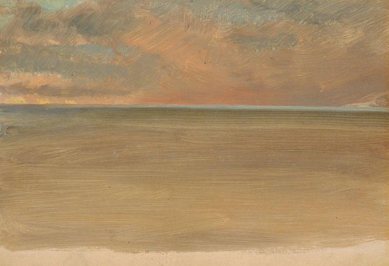Seascape with Icecap in the Distance, óleo sobre tela de Frederic Edwin Church, apresentando icebergs e um mar suave.