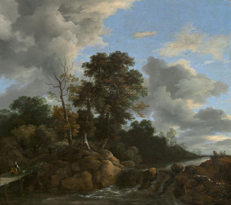 Paisaje de Jacob van Ruisdael, óleo sobre lienzo que representa campos exuberantes y un cielo dinámico.