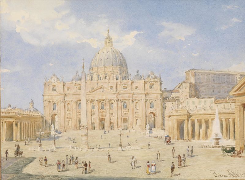 Petersplatz Rom by Franz Alt, realism artwork depicting an expansive square with classical columns and golden light.