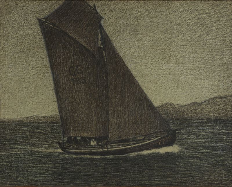 Fishing Boat Tacking by Karl Nordström, oil painting of a fishing boat with sails on the ocean