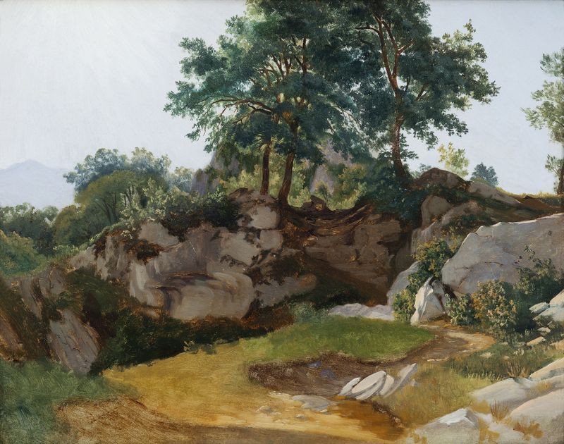 Italian mountainscape by Fritz Petzholdt, oil on canvas, featuring misty peaks and lush valleys.