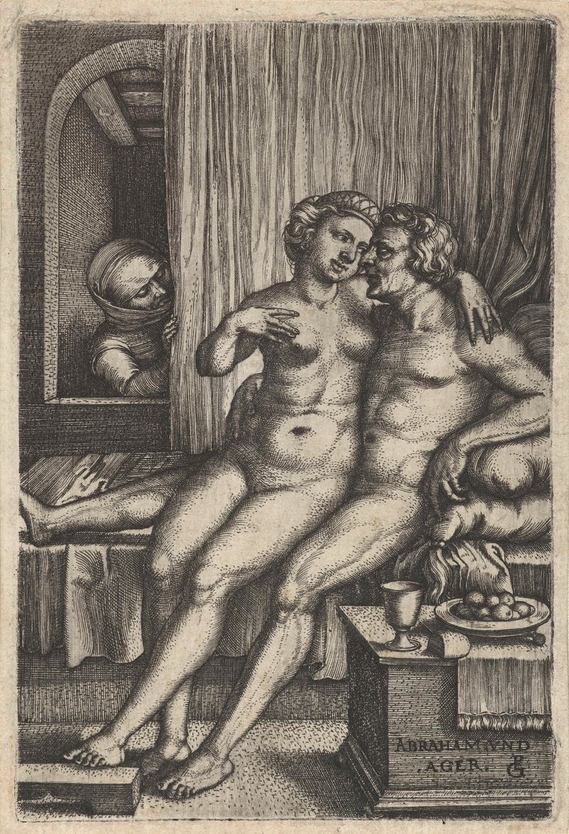 Grabado de Georg Pencz que representa a Abraham, Hagar y Sara en una escena narrativa.
