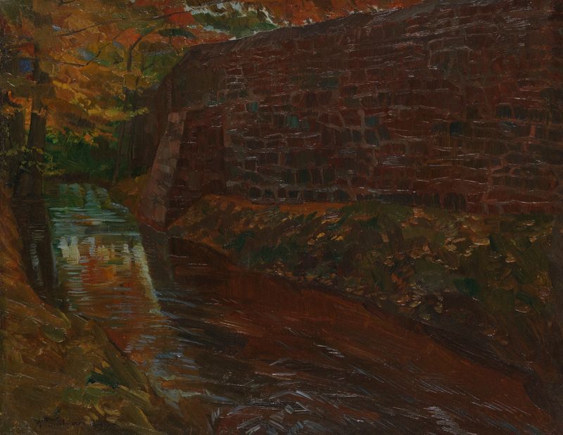 Landscape of Parkmauer in Amorbach by Wilhelm Trübner, oil on canvas