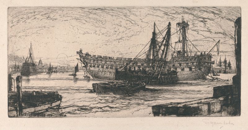 La ruptura del Agamemnón, grabado de Francis Seymour Haden que representa un barco en olas turbulentas.