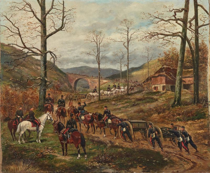 Escena histórica de soldados y caballos en óleo sobre lienzo de Paul Emile Léon Perboyre