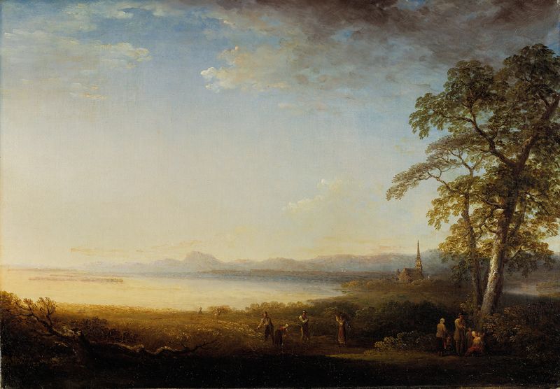 Landskap vid Mora kyrka by Carl Johan Fahlcrantz, oil painting depicting a lush landscape.