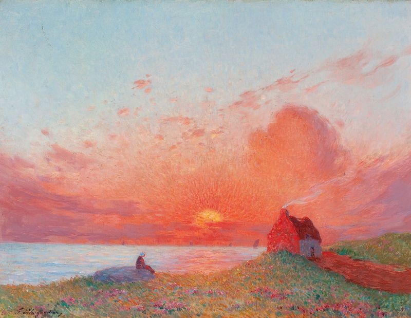 Luminous sunset landscape by Ferdinand du Puigaudeau, oil painting