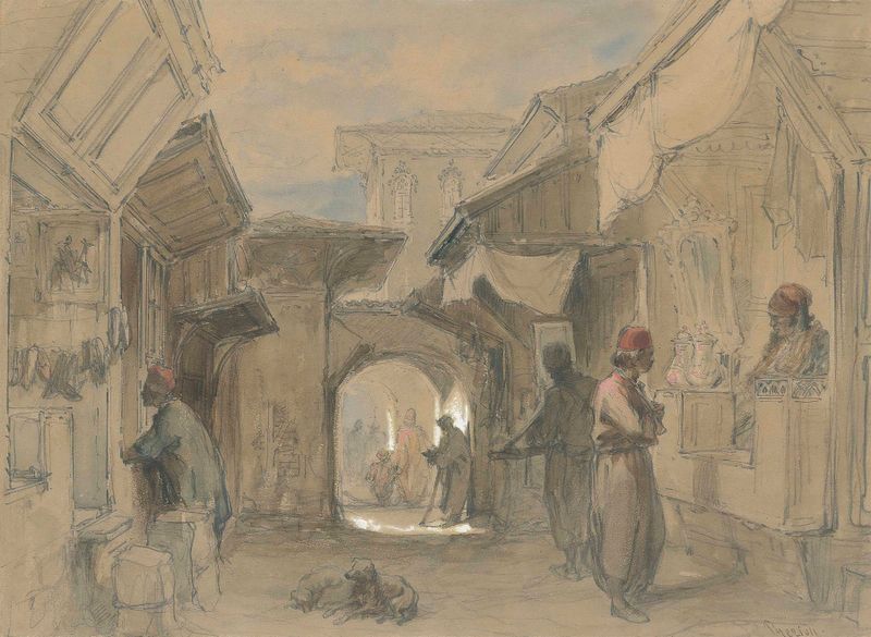 A Bazaar in Constantinople, watercolor on paper by Amadeo Preziosi, depicting a bustling market scene.