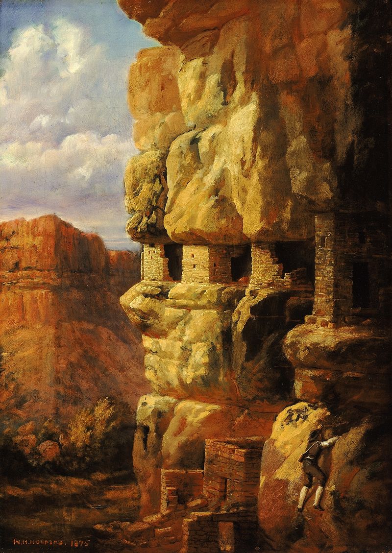 Cliffs and river landscape by William Henry Holmes, 1875, oil painting