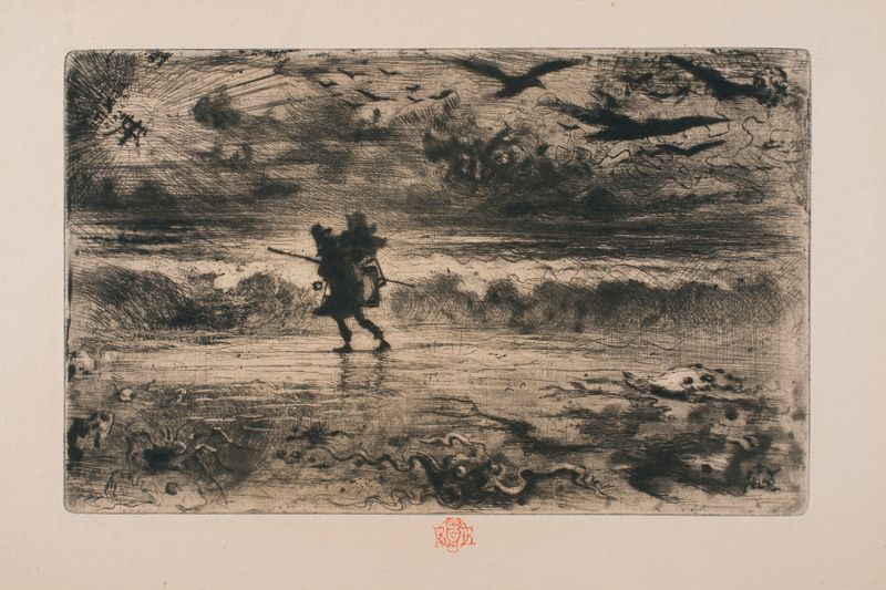 Etching by Félix Hilaire Buhot depicting a painter with an easel by the turbulent sea