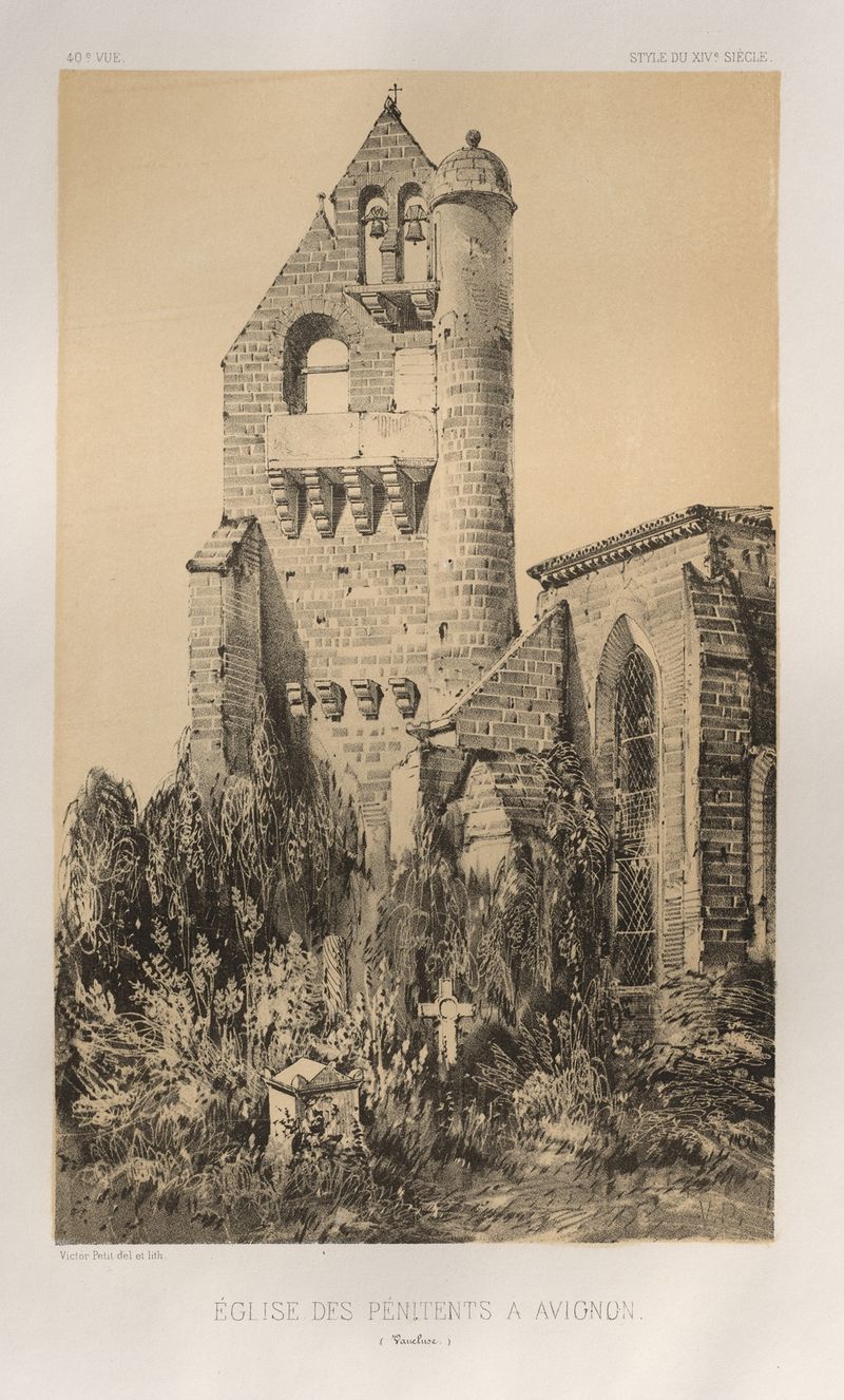 Église Des Pénitents À Avignon de Victor Petit, óleo sobre lienzo que representa la fachada de una iglesia.