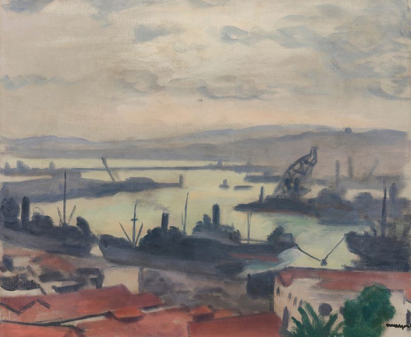 Port D’alger de Albert Marquet, óleo sobre lienzo que muestra barcos en aguas tranquilas y cielo pastel