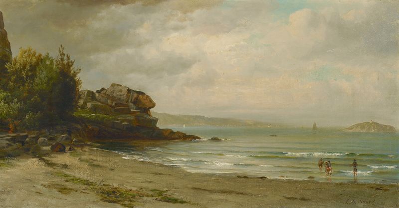 Off the Rhode Island Coast, óleo sobre tela de James Brade Sword, retratando ondas quebrando e uma vibrante paisagem marinha.