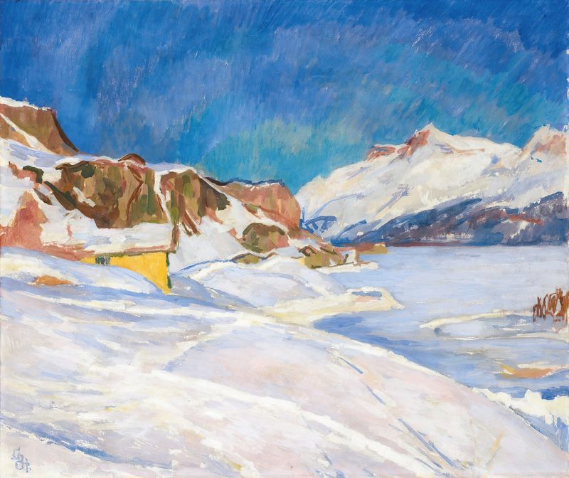 Winter landscape with snow, farmhouse, and mountains by Giovanni Giacometti, oil on canvas