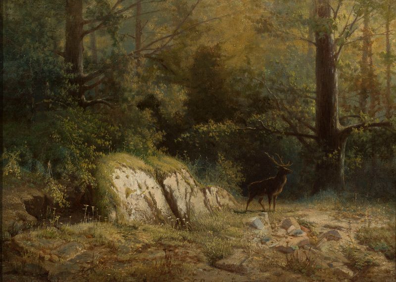 Paisaje forestal con un ciervo, óleo sobre lienzo de Feliks Brzozowski
