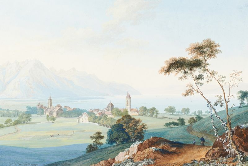 Landscape by Jean-Antoine Linck, depicting rolling hills and golden light.