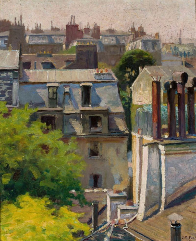 Tecos de París de Gustaw Pillati, óleo sobre lienzo, que muestra techos superpuestos en tonos apagados.