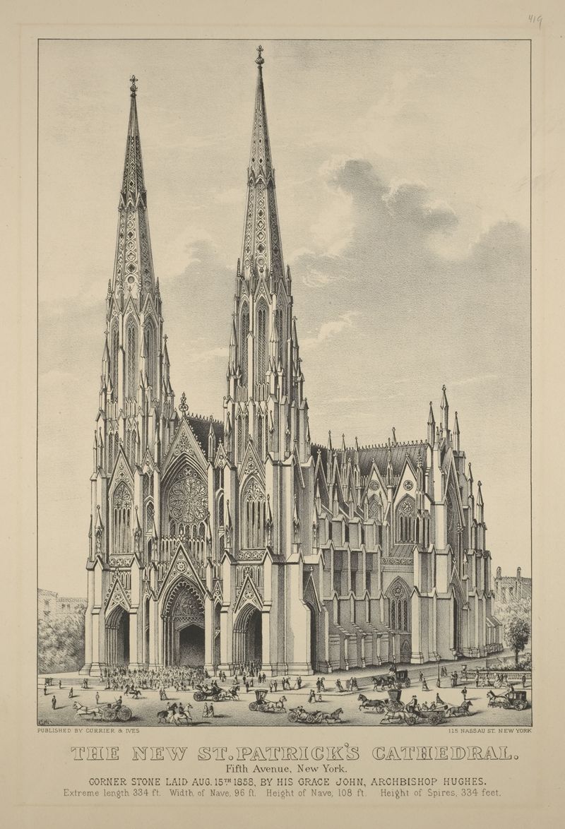 Arquitectura gótica de la Catedral de San Patricio, litografía de Currier & Ives