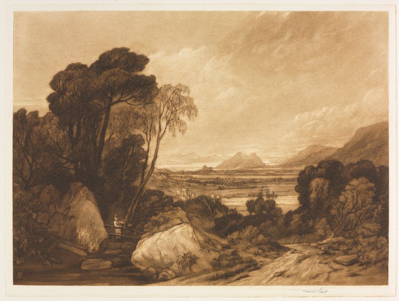 Paisaje marino de Sir Frank Short, 1855, que muestra suaves olas y un cielo suave.