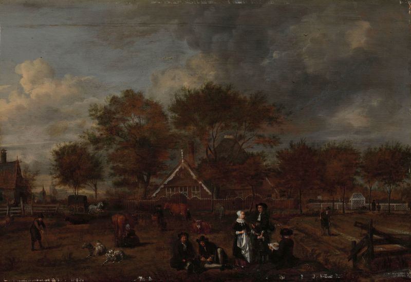 Cena de gênero mostrando um agricultor e sua esposa em uma paisagem, pintura a óleo de Jan Pietersz Opperdoes