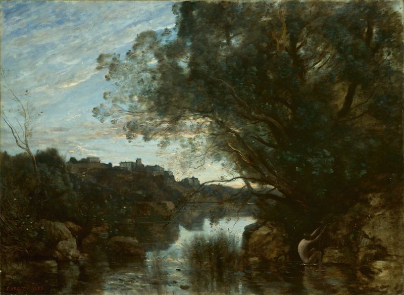 Souvenir of the Environs of Lake Nemi, oil on canvas by Jean-Baptiste-Camille Corot, depicting a tranquil lake and trees.