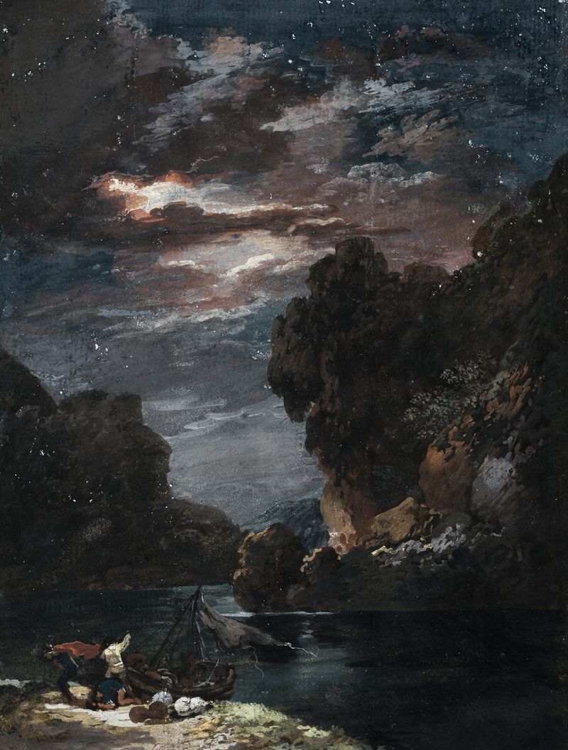 Paisagem noturna tempestuosa com lua de Johann Georg Wagner, óleo sobre tela