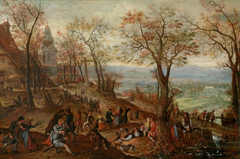 Country Fair de Pieter Stevens II, retratando uma cena de mercado animada em um meio desconhecido.