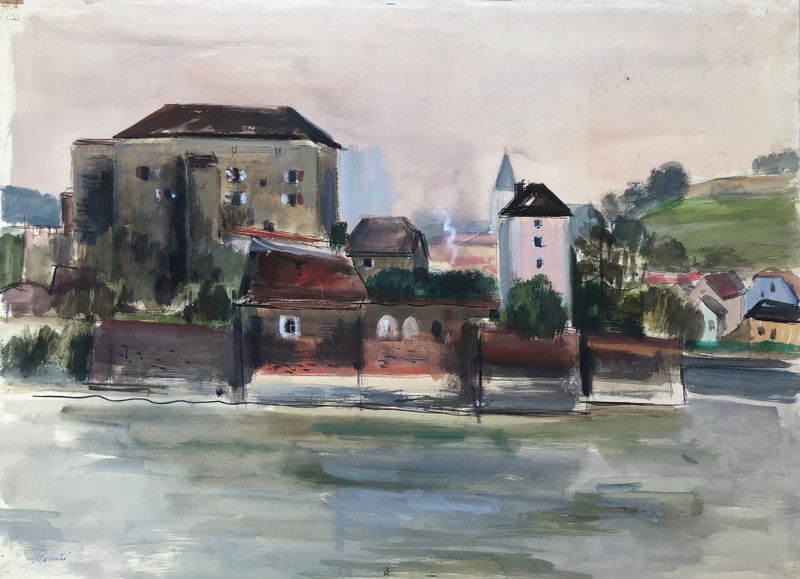 Paisaje de Passau am Inn de Otto Geigenberger, Impresionismo, que representa reflejos tranquilos en el río.