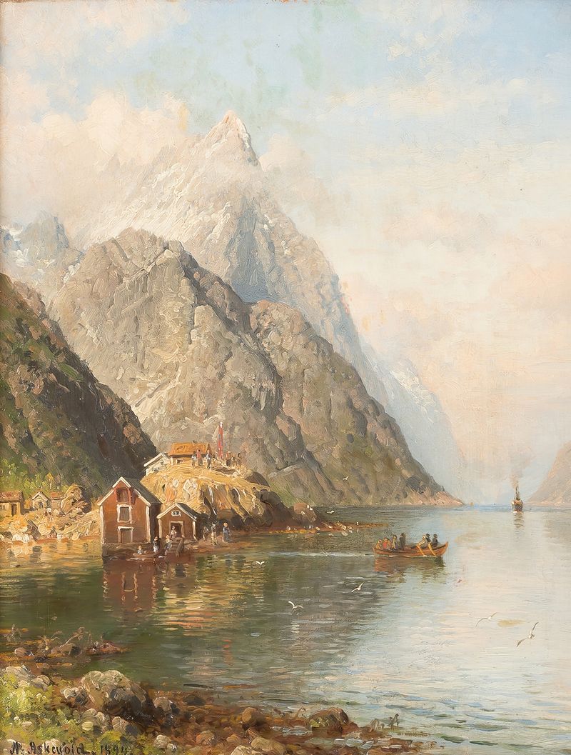 Geirangerfjord by Anders Askevold, oil painting depicting a fjord surrounded by cliffs.