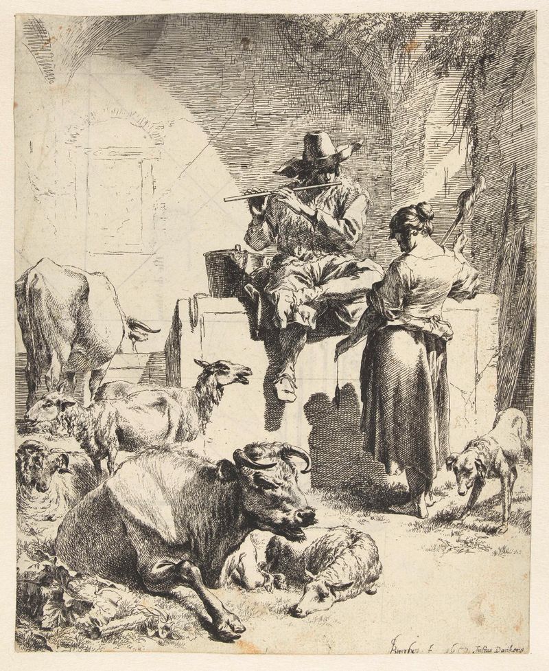 Grabado de Nicolaes Pietersz Berchem de un pastor tocando la flauta con una mujer.