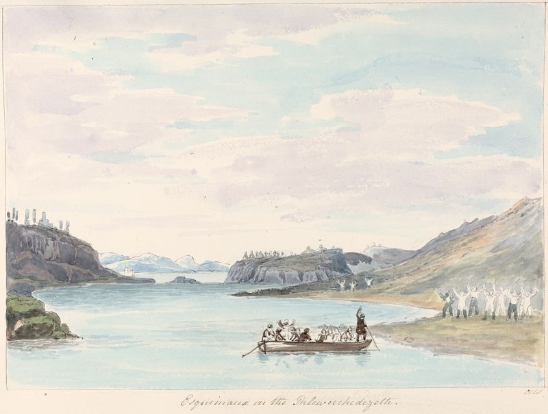 Aquarela de Charles Hamilton Smith retratando um encontro cultural com figuras expressivas.