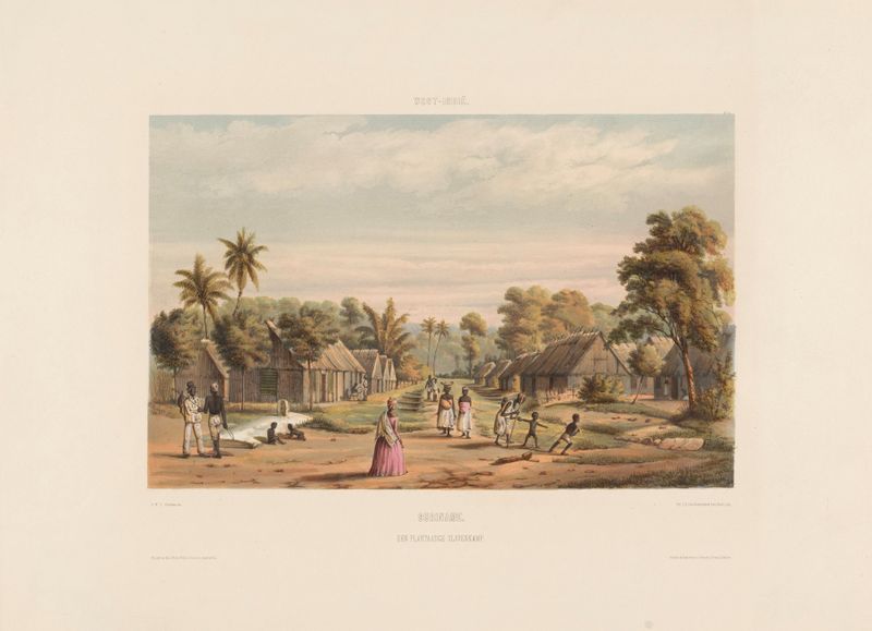 Suriname. Een plantaadge slavenkamp by Gerard Voorduin, oil on canvas depicting a plantation landscape.