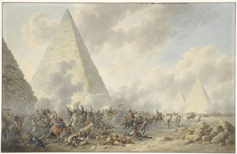 Batalla de las Pirámides de Dirk Langendijk, óleo sobre lienzo que muestra soldados chocando cerca de las pirámides.