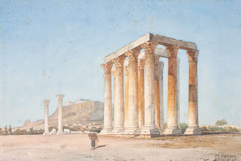 The Temple of Zeus by Martinus Rørbye, depicting a temple with columns under a pastel sky, oil painting