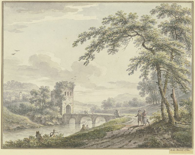 Landschaft mit einer Brücke und Turm, a Rococo landscape by Johann Heinrich Müntz