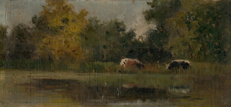 Landscape depicting a pasture with cows, oil painting by Felicián Moczik