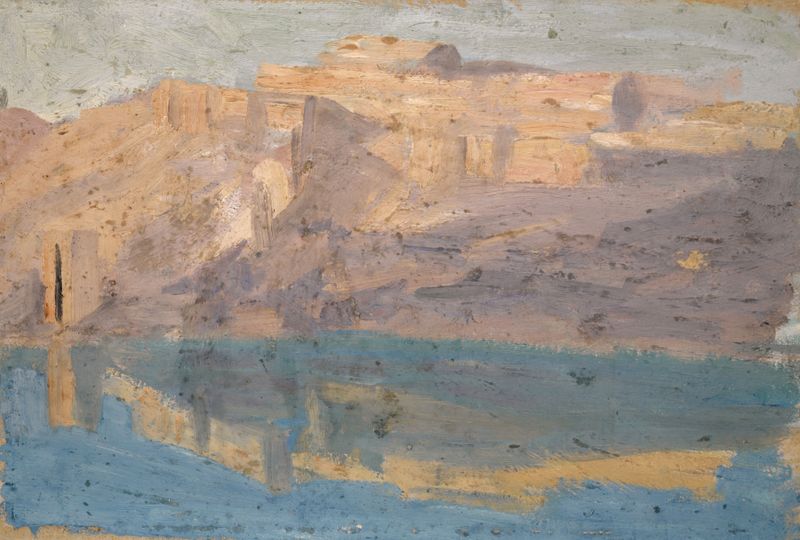 Felsufer des Tajo bei Toledo de Ernst Schiess, óleo sobre lienzo que representa acantilados y río.
