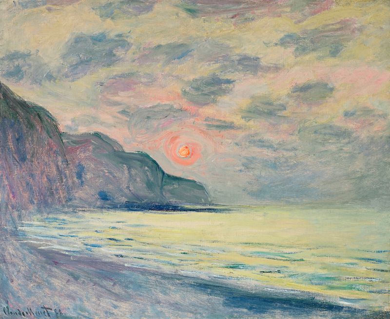 Soleil couchant, temps brumeux, una pintura al óleo de Claude Monet que representa un atardecer sobre el mar.