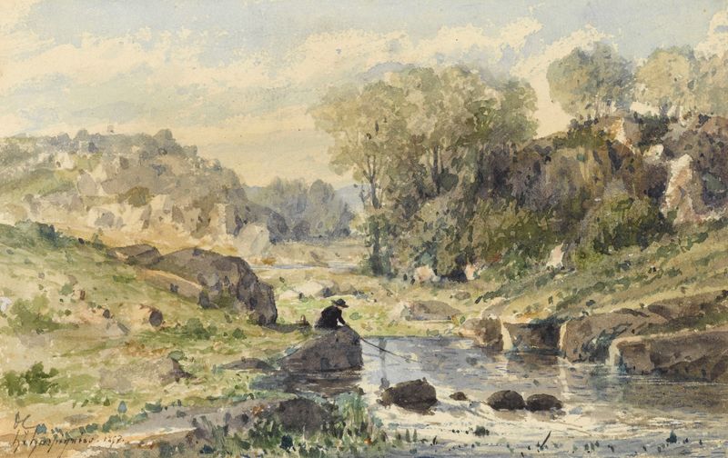 Le pêcheur de Henri-Joseph Harpignies, pintura al óleo de un pescador en silueta contra un lago al atardecer.
