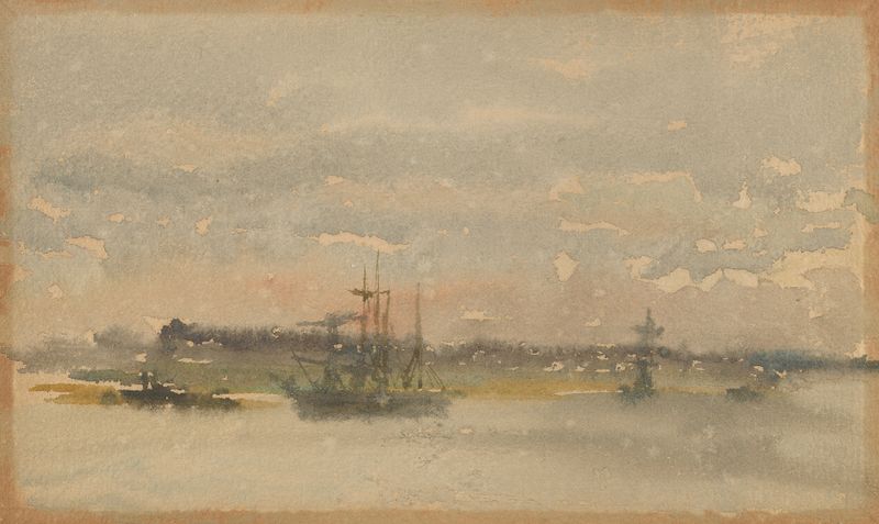 Erith–Evening de James Abbott McNeill Whistler, óleo sobre tela representando uma paisagem de rio ao crepúsculo.