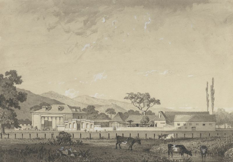 Residence at Grange Grove Estate, óleo de Michel Jean Cazabon representando uma propriedade colonial.