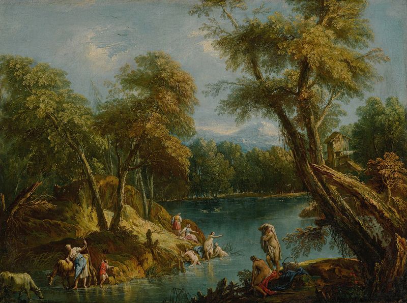 Wooded landscape with figures and animals by a lake, oil painting by Antonio Diziani