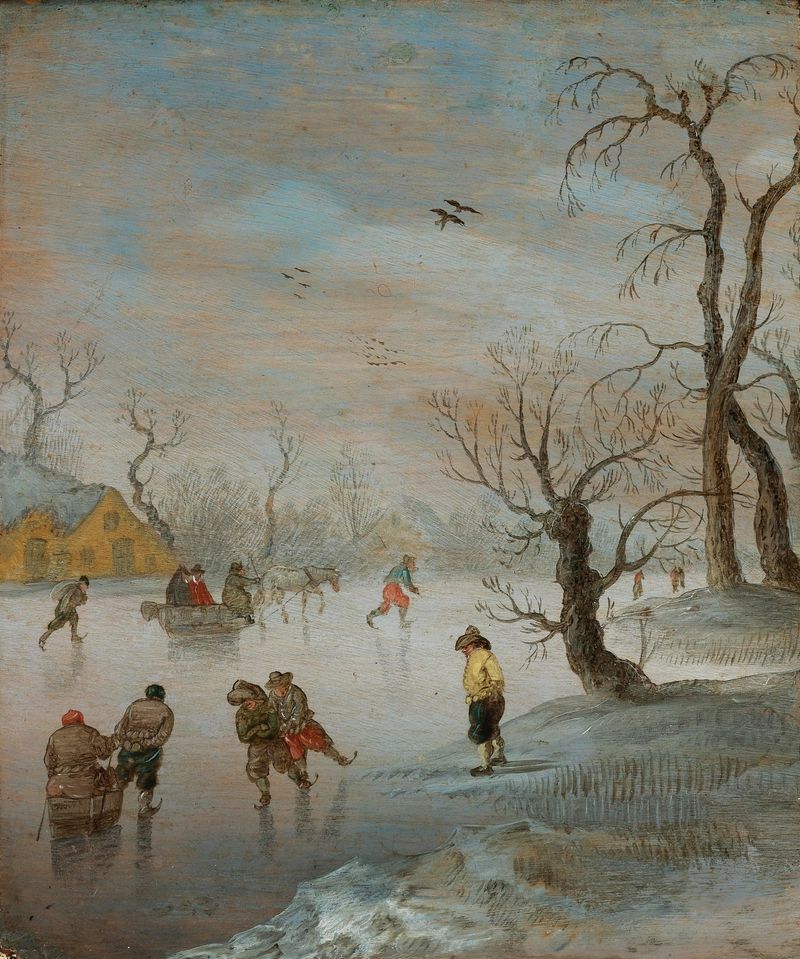 Skaters and a horse-drawn sledge on ice by Anthonie Verstraelen, oil painting