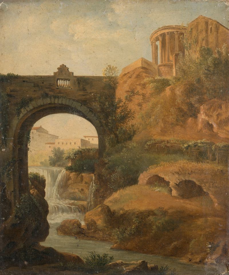 Capriccio con el templo de Vesta y las cascadas de Tivoli, óleo sobre lienzo de Simon-Joseph-Alexandre-Clément Denis