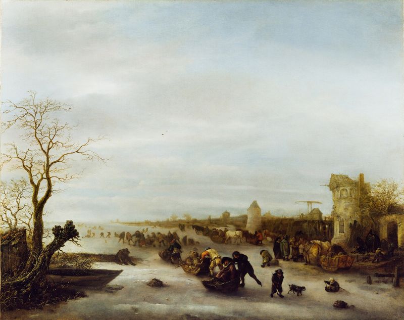 Winter landscape with a cottage and smoke, oil on panel by Isaac van Ostade.